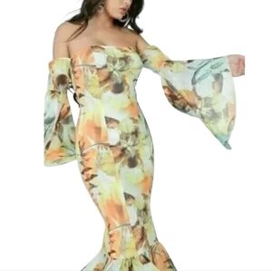 Boutique Vintage Vibe Ruffle Floral Print Off Shoulder Bodycon Midi Dress 